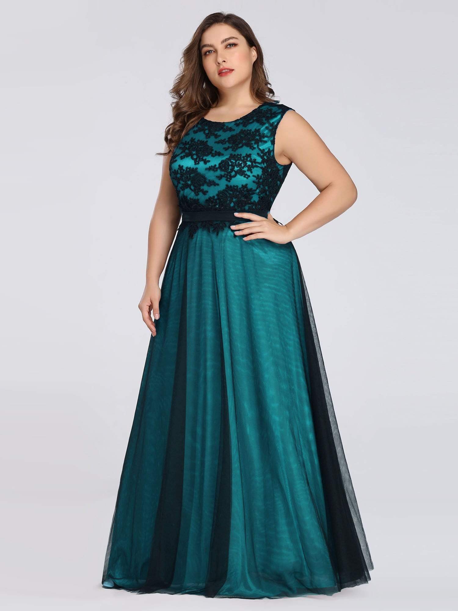 COLOR=Dark Green | Plus Size Sleeveless Evening Dress With Black Brocade-Dark Green 1