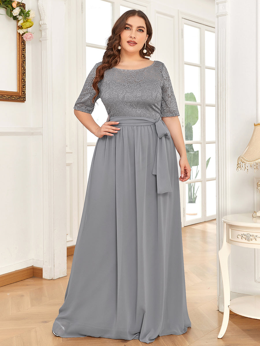 Color=Grey | Maxi Long Lace Illusion Wholesale Plus Size Mother Of Wholesale Bride Dresses-Grey 1