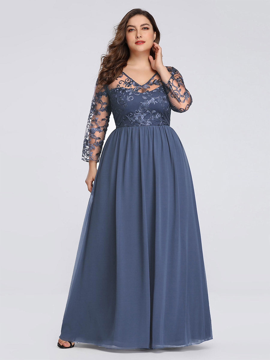 Color=Dusty Navy | Plus Size Long Sleeve Lace Dress With Long Sleeve Ez07633-Dusty Navy 1