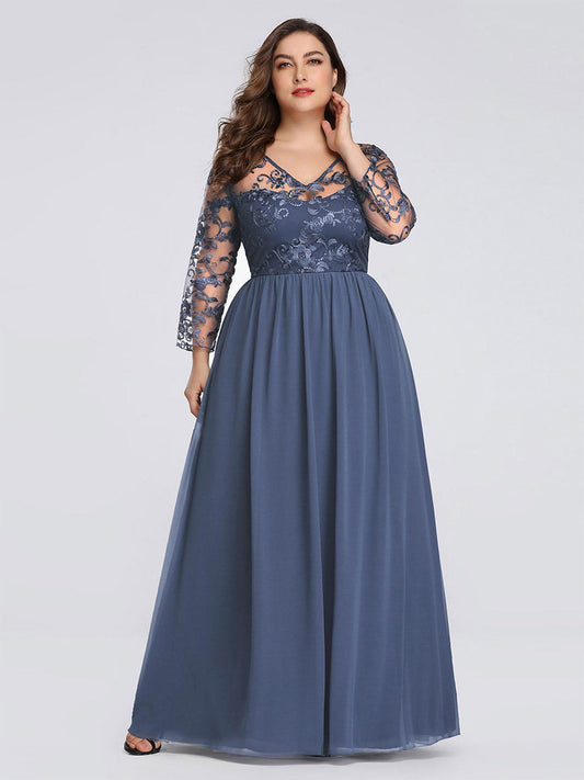 Color=Dusty Navy | Plus Size Long Sleeve Lace Dress With Long Sleeve Ez07633-Dusty Navy 1