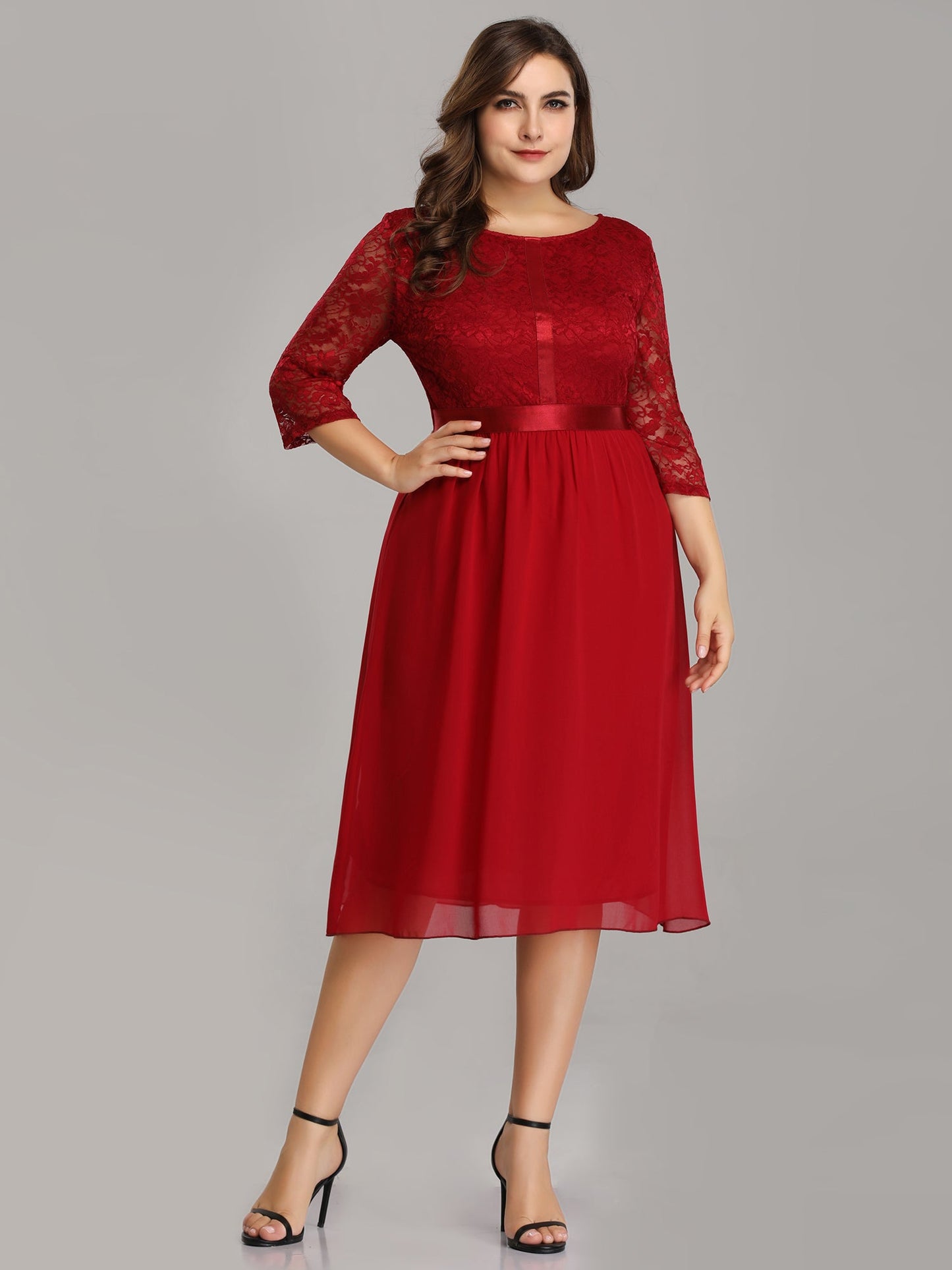 Color=Burgundy | Elegant A Line Lace Cocktail Party Dress Knee Length Ez07641-Burgundy 1