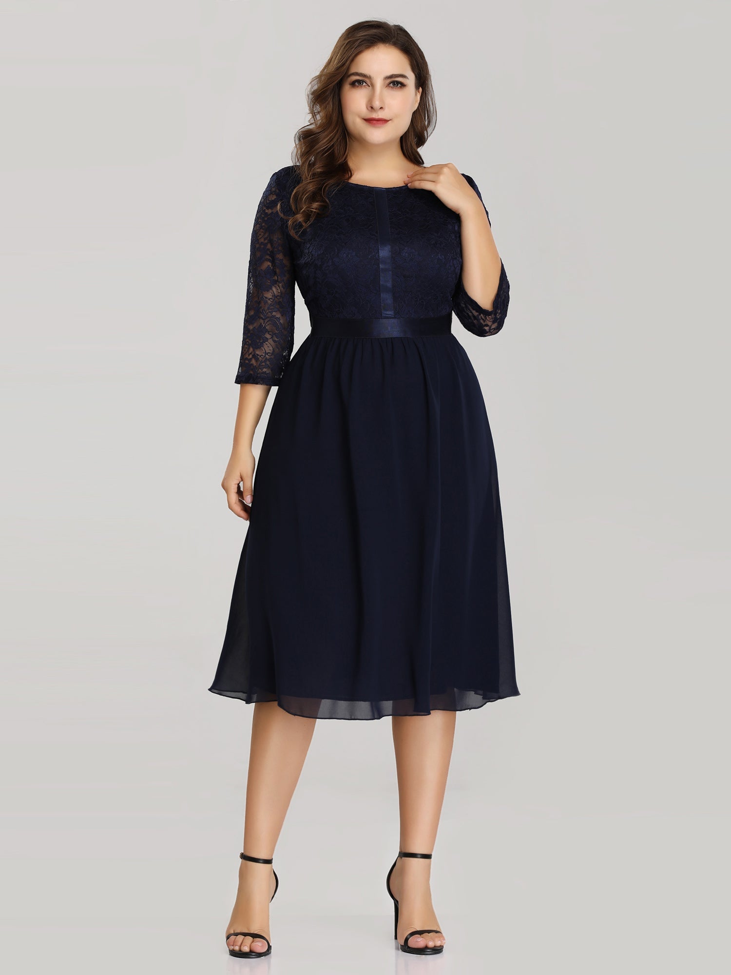 Color=Navy Blue | Elegant A Line Lace Cocktail Party Dress Knee Length Ez07641-Navy Blue 4