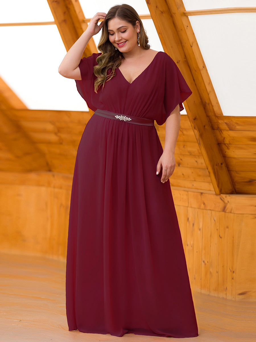 Color=Burgundy | Plus Size Elegant A Line Short Sleeve Long Chiffon Bridesmaid Dresses Ez07717-Burgundy 1
