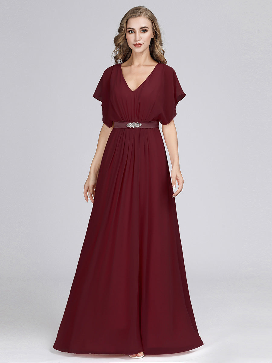 Color=Burgundy | Elegant A Line Short Sleeve Long Chiffon Bridesmaid Dresses Ez07717-Burgundy 1