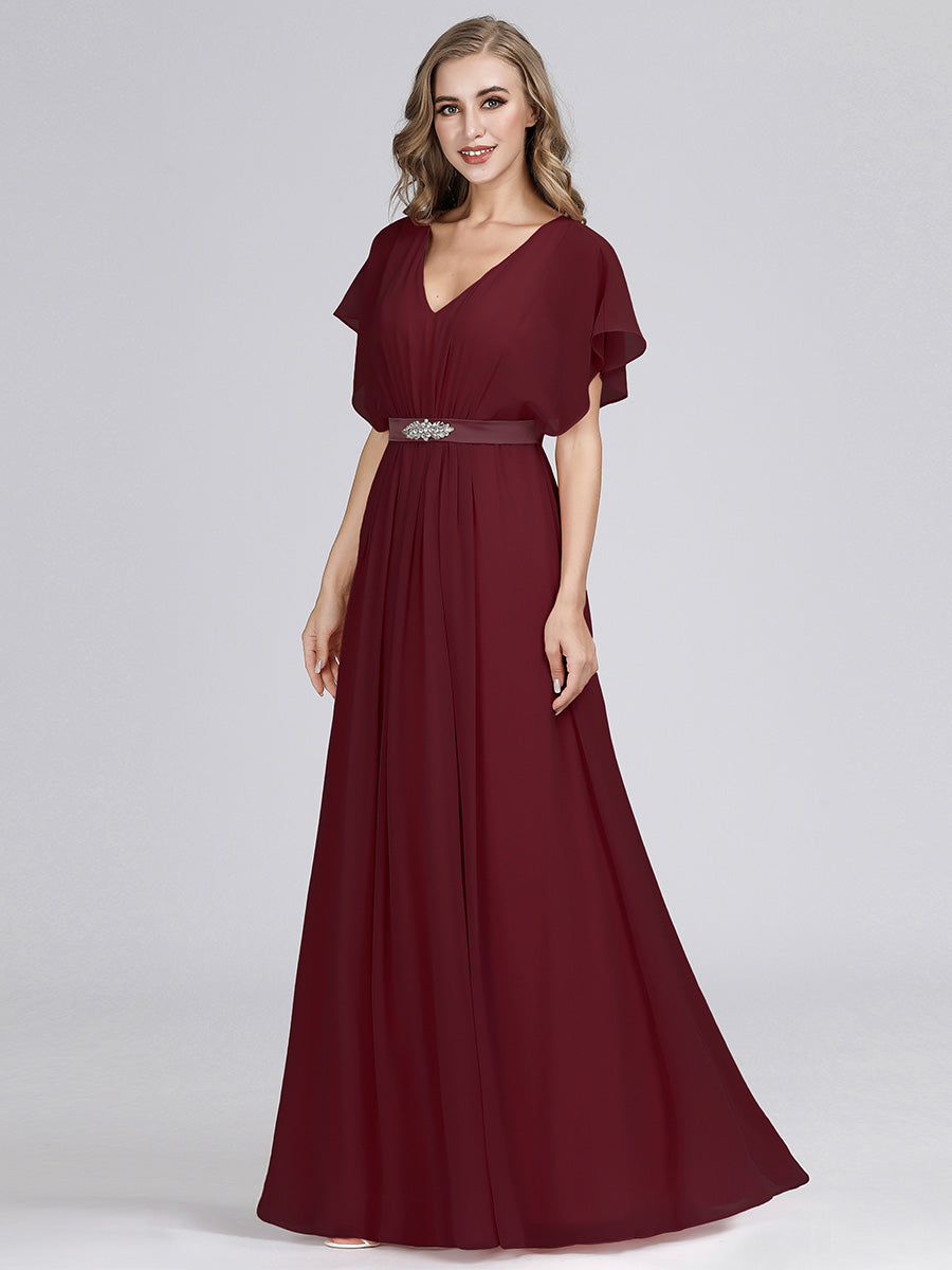 Maxi Long Flowy Chiffon Wholesale Evening Dress with Short Sleeve