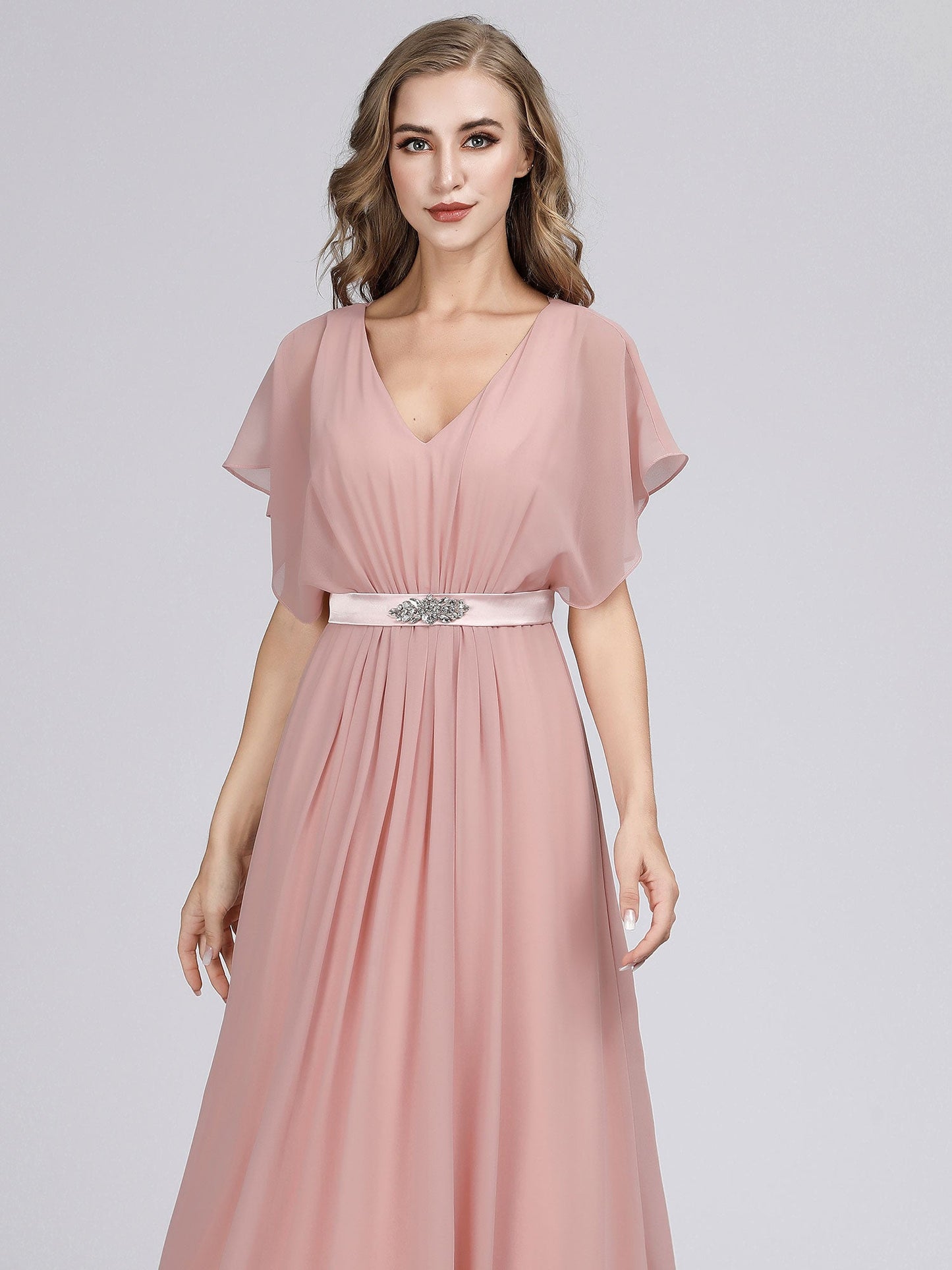 Maxi Long Flowy Chiffon Wholesale Evening Dress with Short Sleeve