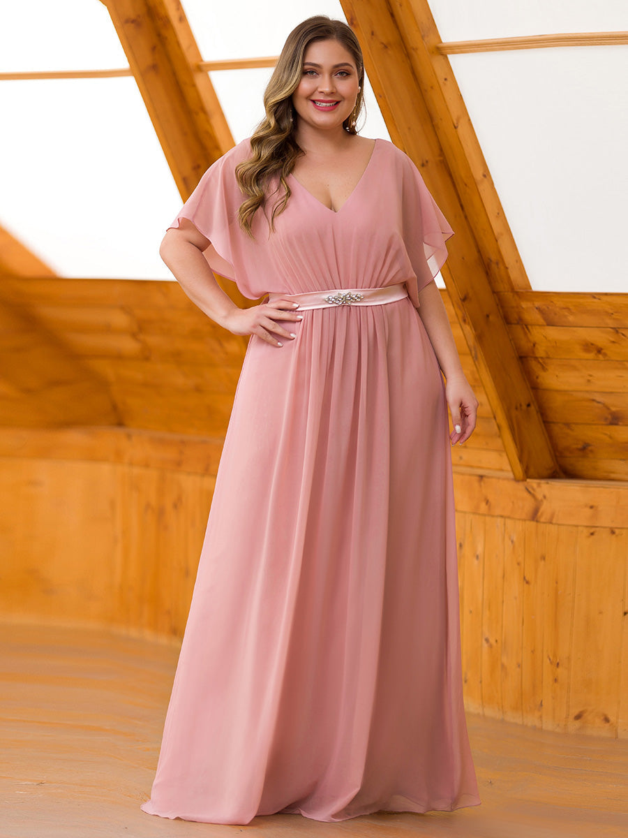 Maxi Long Flowy Chiffon Wholesale Evening Dress with Short Sleeve