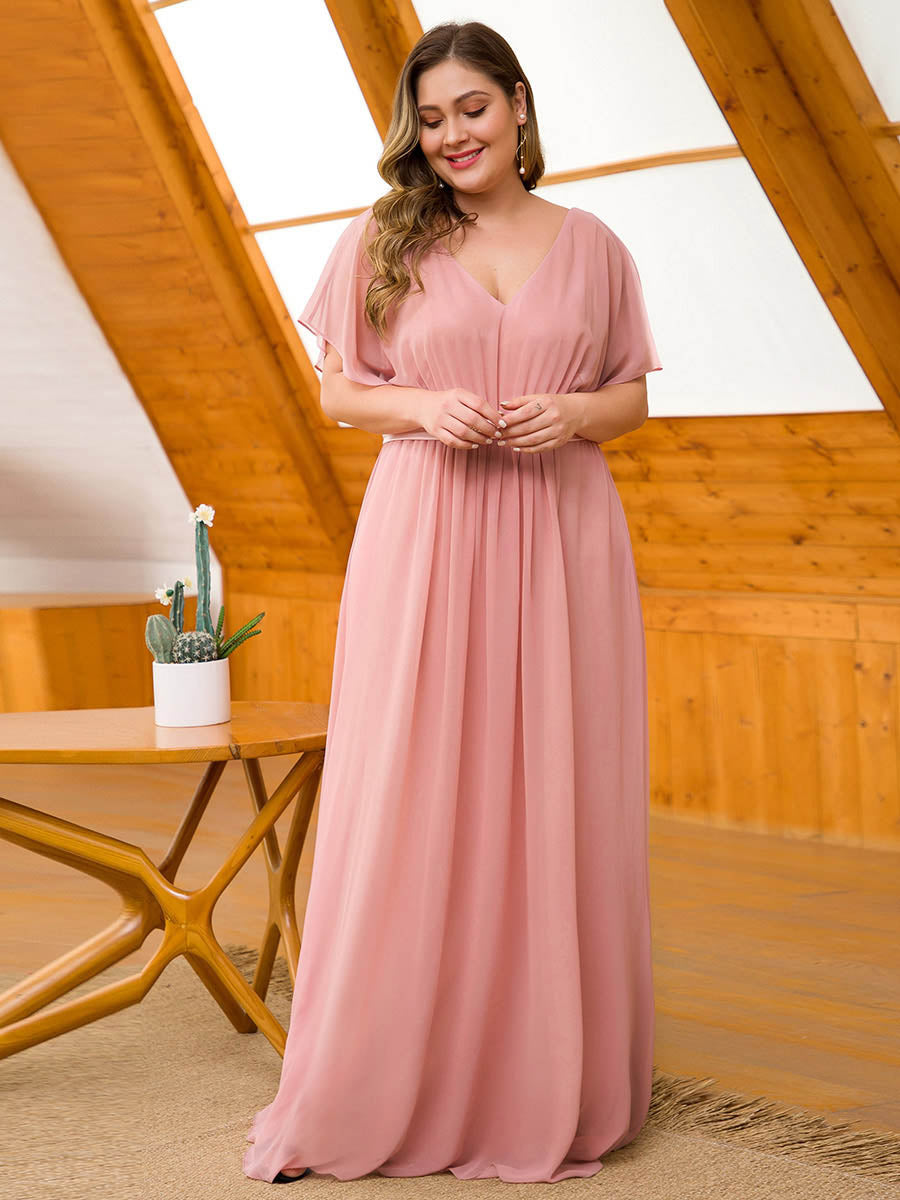 Maxi Chiffon Plus Size Wholesale Evening Dress with Short Sleeve