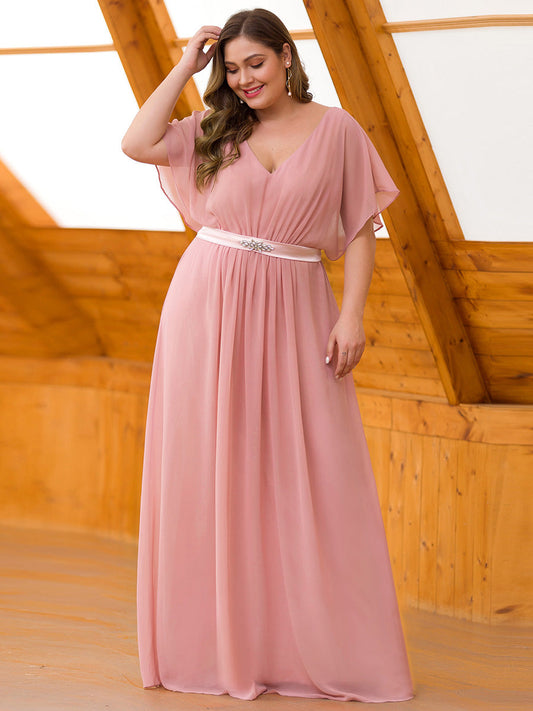 Color=Mauve | Plus Size Elegant A Line Short Sleeve Long Chiffon Bridesmaid Dresses Ez07717-Mauve 1