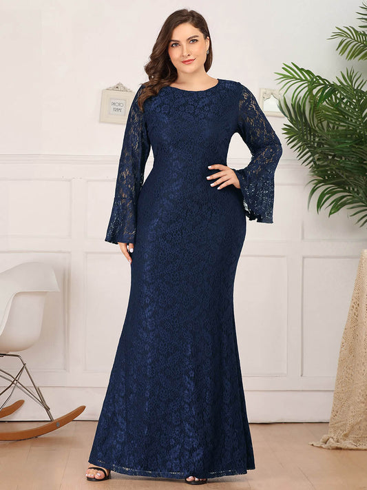 Color=Navy Blue | Plus Size Long Flare Sleeve Lace Mermaid Evening Party Dresses Ez07798-Navy Blue 1