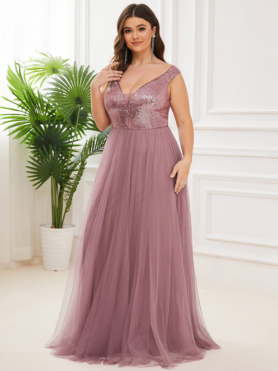 Plus Size Wholesale High Waist Tulle & Sequin Sleeveless Evening Dress EE00277