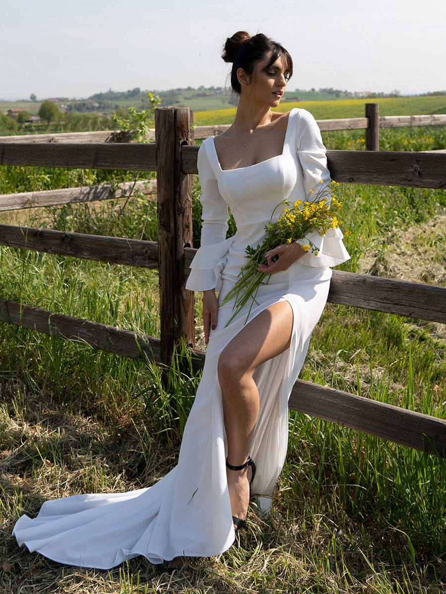 Square Neckline Ruffles Sleeves Split Wholesale Wedding Dresses