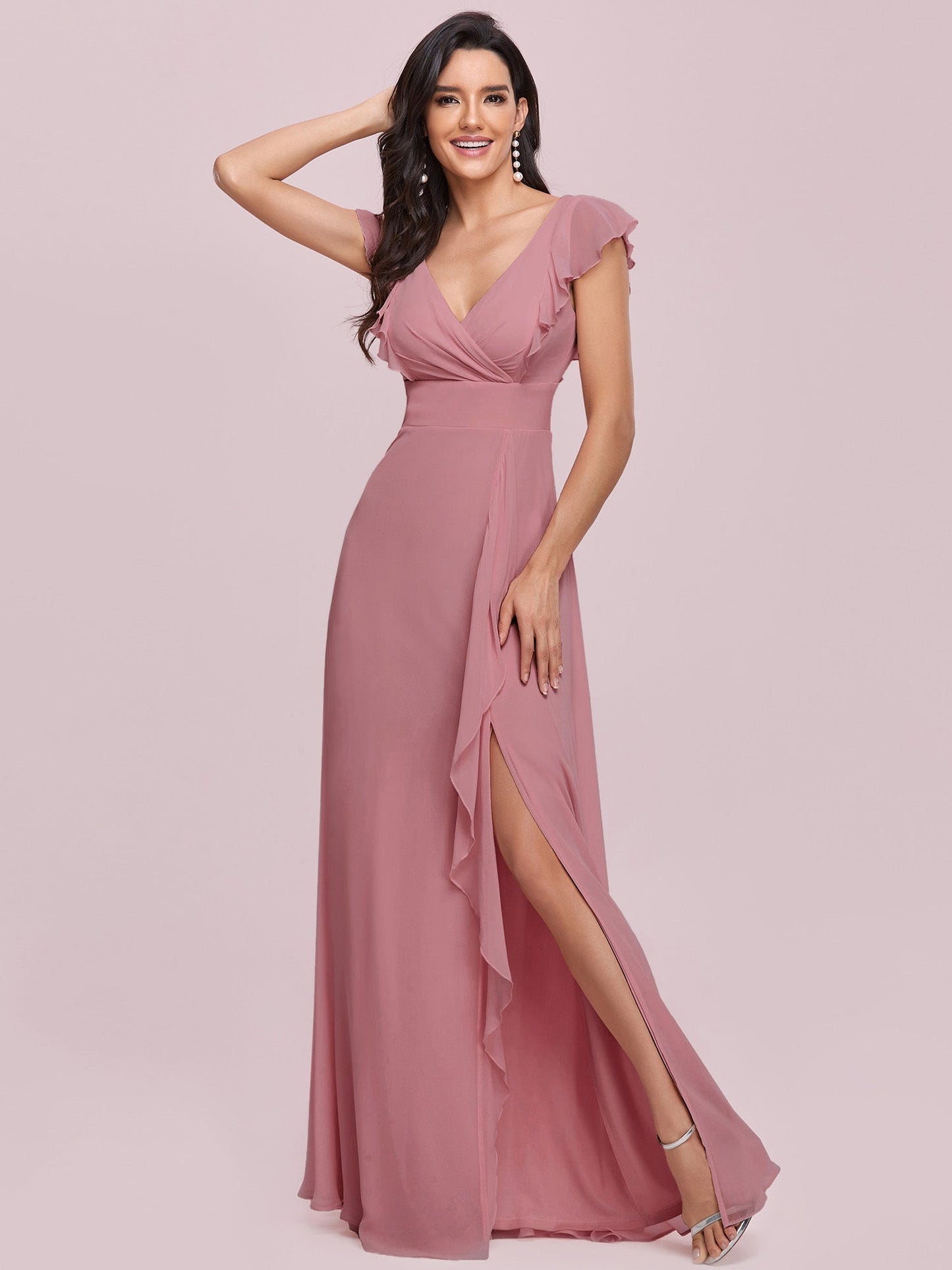 Cute V Neck Wholesale Bridesmaid Dress with Ruffles