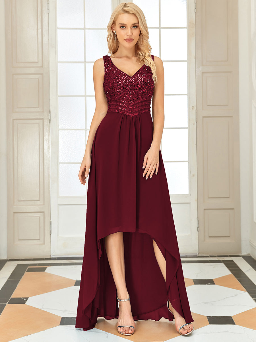 Color=Burgundy | Elegant Paillette & Chiffon V-Neck A-Line Sleeveless Plus Size Evening Dresses-Burgundy 1