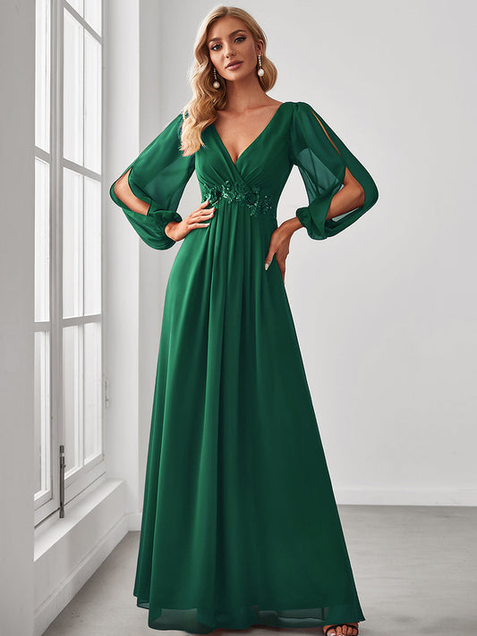 Color=Dark Green | Floor Length Long Lantern Sleeves Wholesale Formal Dresses-Dark Green 1
