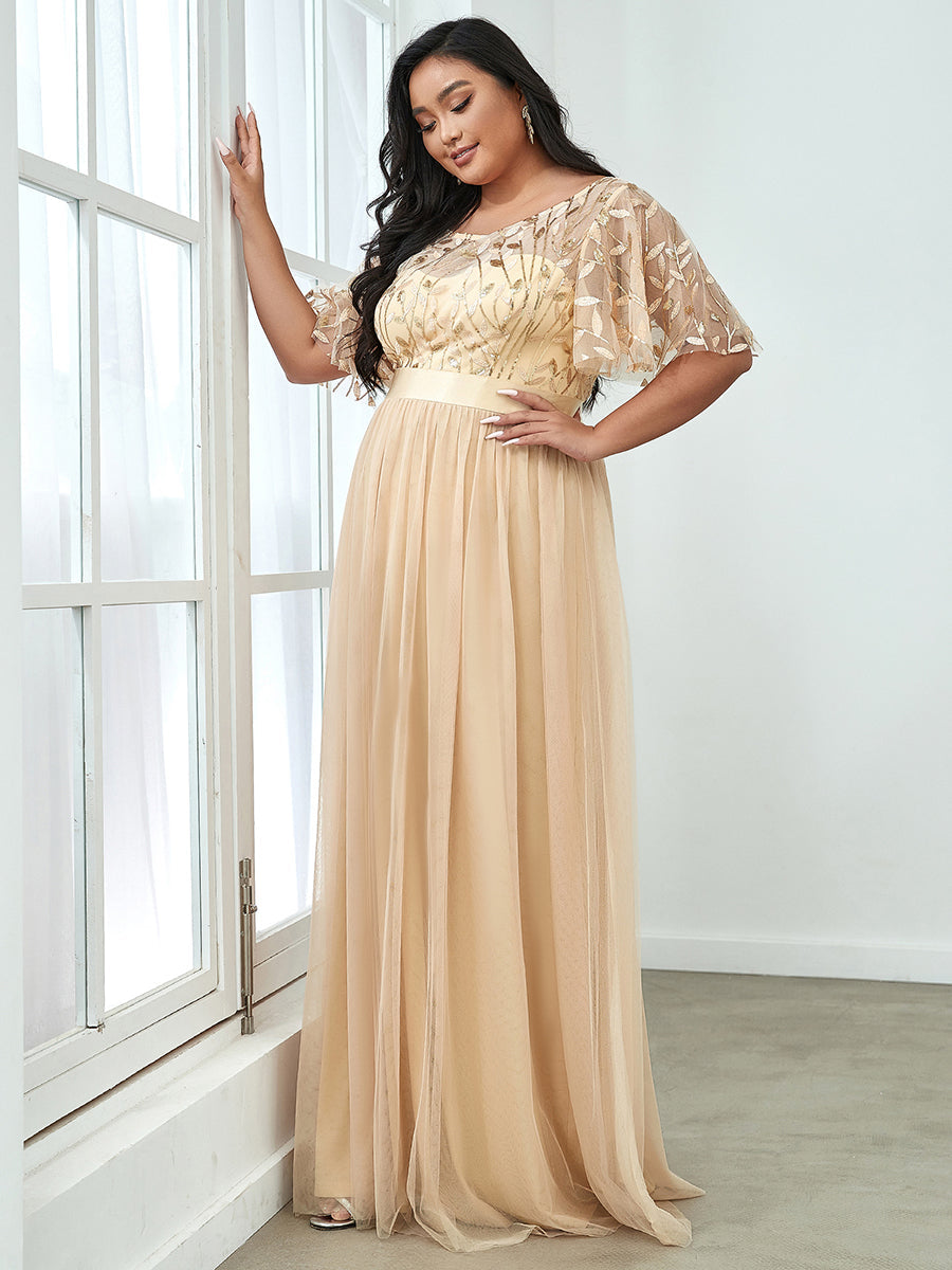 Sequin Print Plus Size Wholesale Evening Dresses with Cap Sleeve