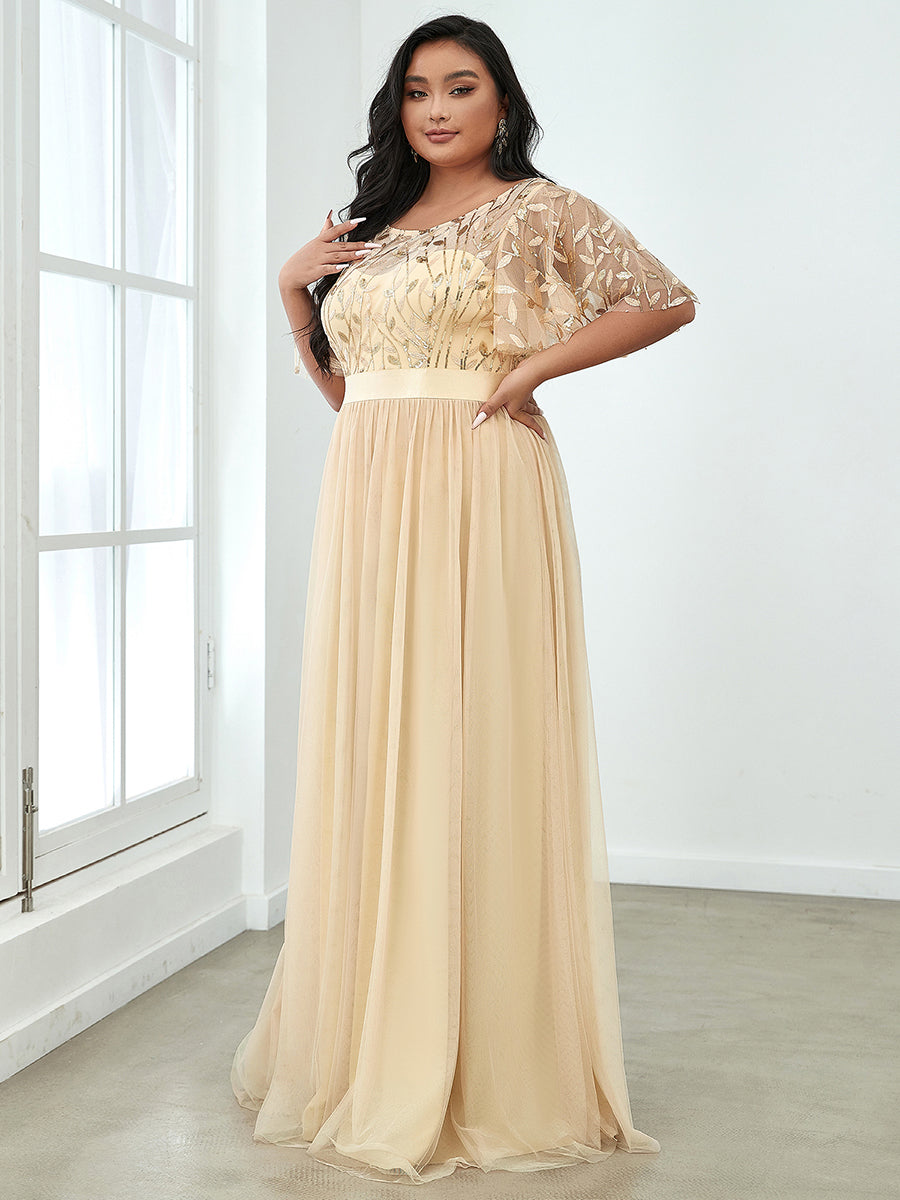 Sequin Print Plus Size Wholesale Evening Dresses with Cap Sleeve