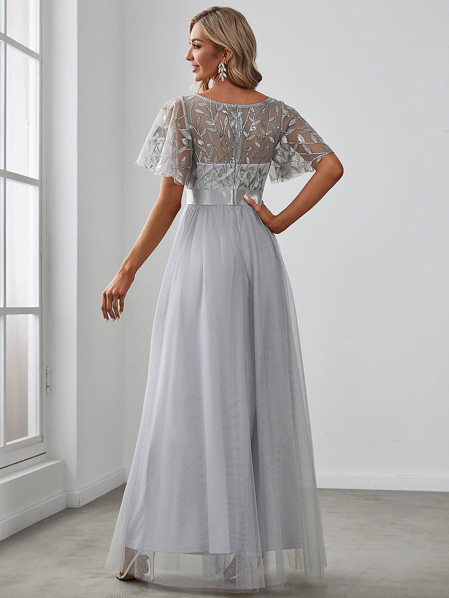 Sequin Print Floor-length Wholesale Evening Dresses with Cap Sleeve