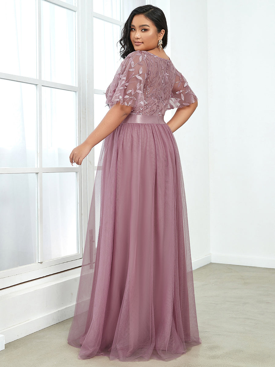 Sequin Print Plus Size Wholesale Evening Dresses with Cap Sleeve