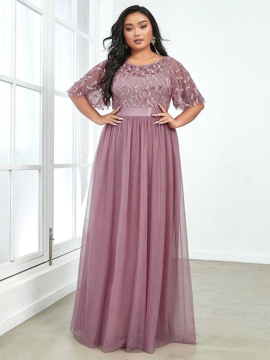 Sequin Print Plus Size Wholesale Evening Dresses with Cap Sleeve