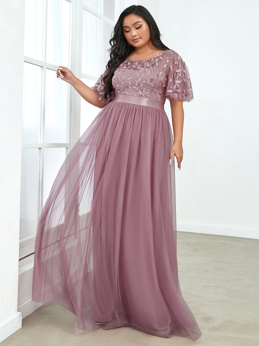 Sequin Print Plus Size Wholesale Evening Dresses with Cap Sleeve