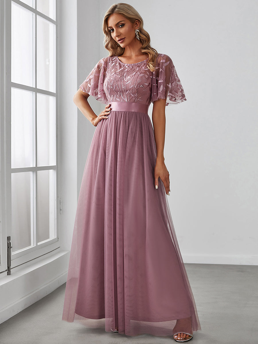 Color=Orchid | Sequin Print Maxi Long Wholesale Evening Dresses with Cap Sleeve-Orchid 1