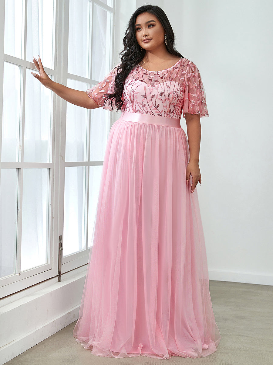 Sequin Print Plus Size Wholesale Evening Dresses with Cap Sleeve