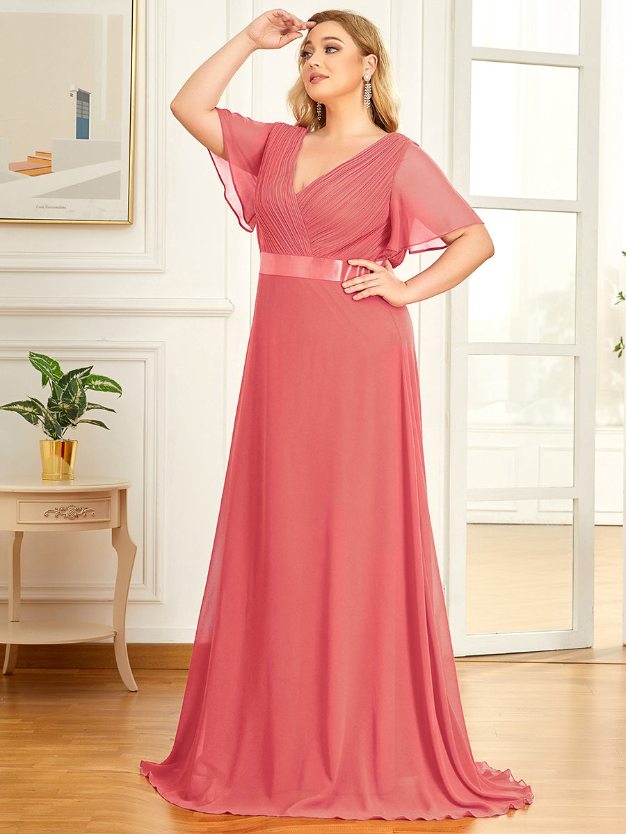 Color=Coral | Glamorous Double V-Neck Ruffles Padded Plus Size Evening Dresses-Coral 1
