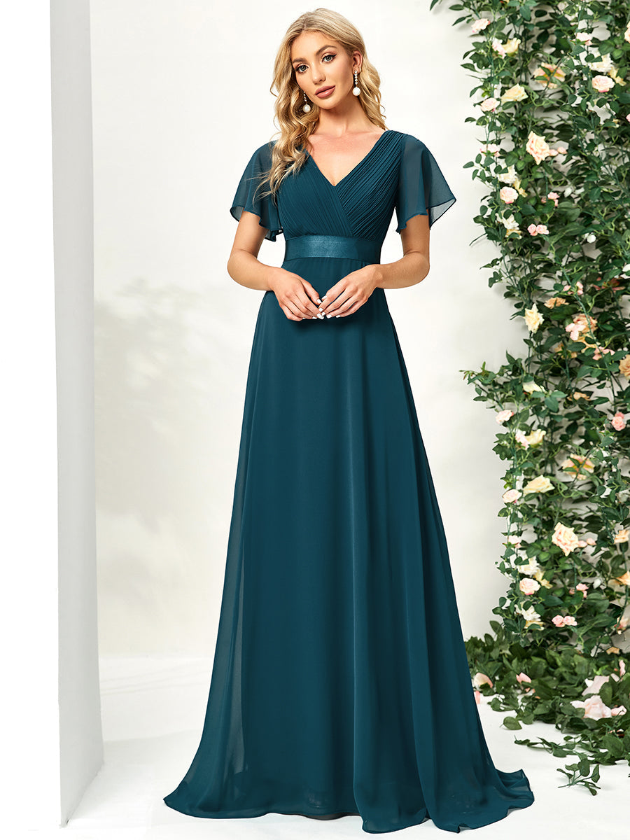 Color=Teal | glamorous-double-v-neck-ruffles-padded-wholesale-evening-dresses-ep09890-2-Teal 1