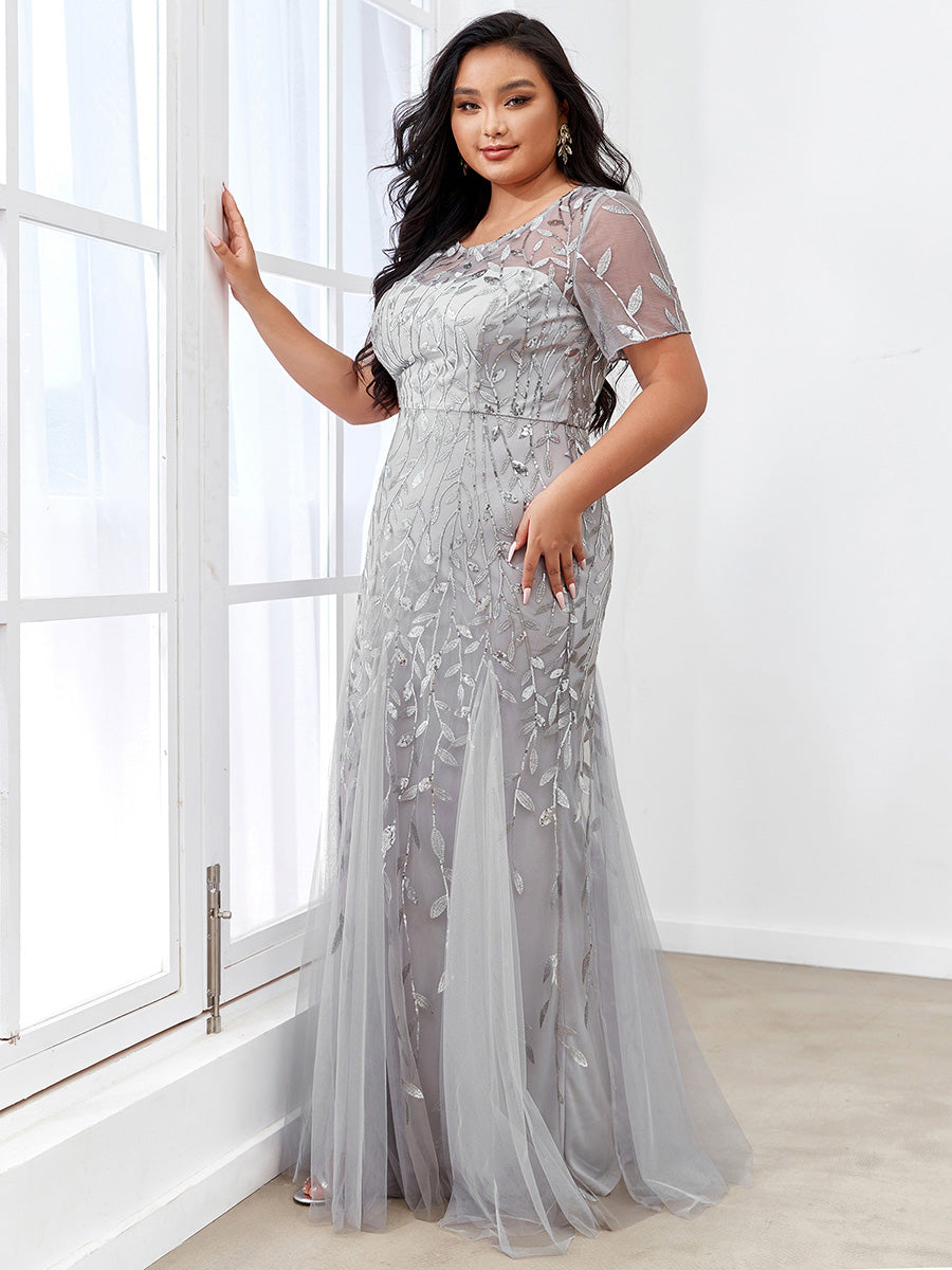 Plus Size Floral Sequin Print Fishtail Tulle Dresses for Party