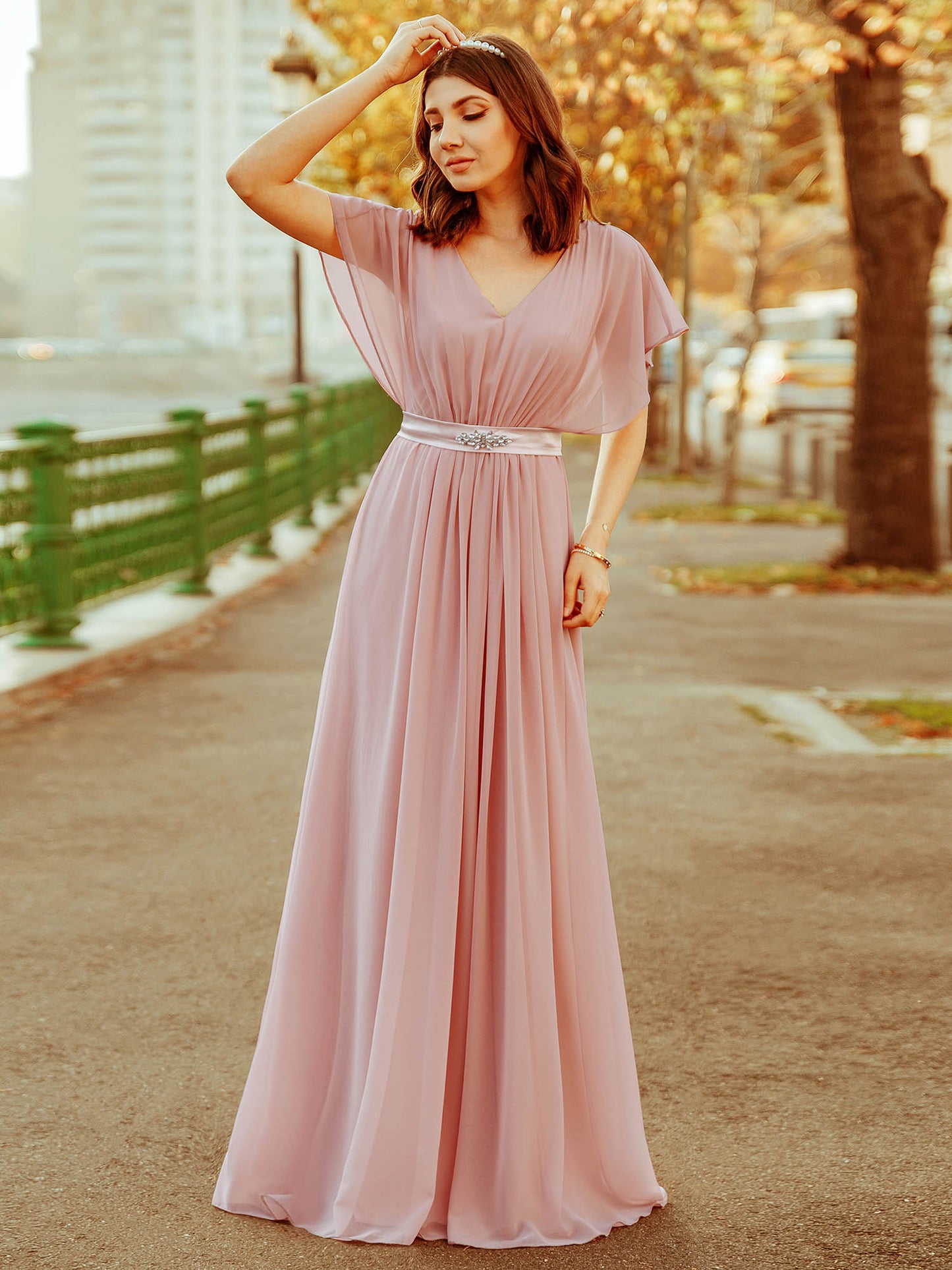 Color=Mauve | Elegant A Line Short Sleeve Long Chiffon Bridesmaid Dresses Ez07717-Mauve 1