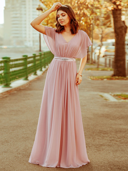 Color=Mauve | Elegant A Line Short Sleeve Long Chiffon Bridesmaid Dresses Ez07717-Mauve 1