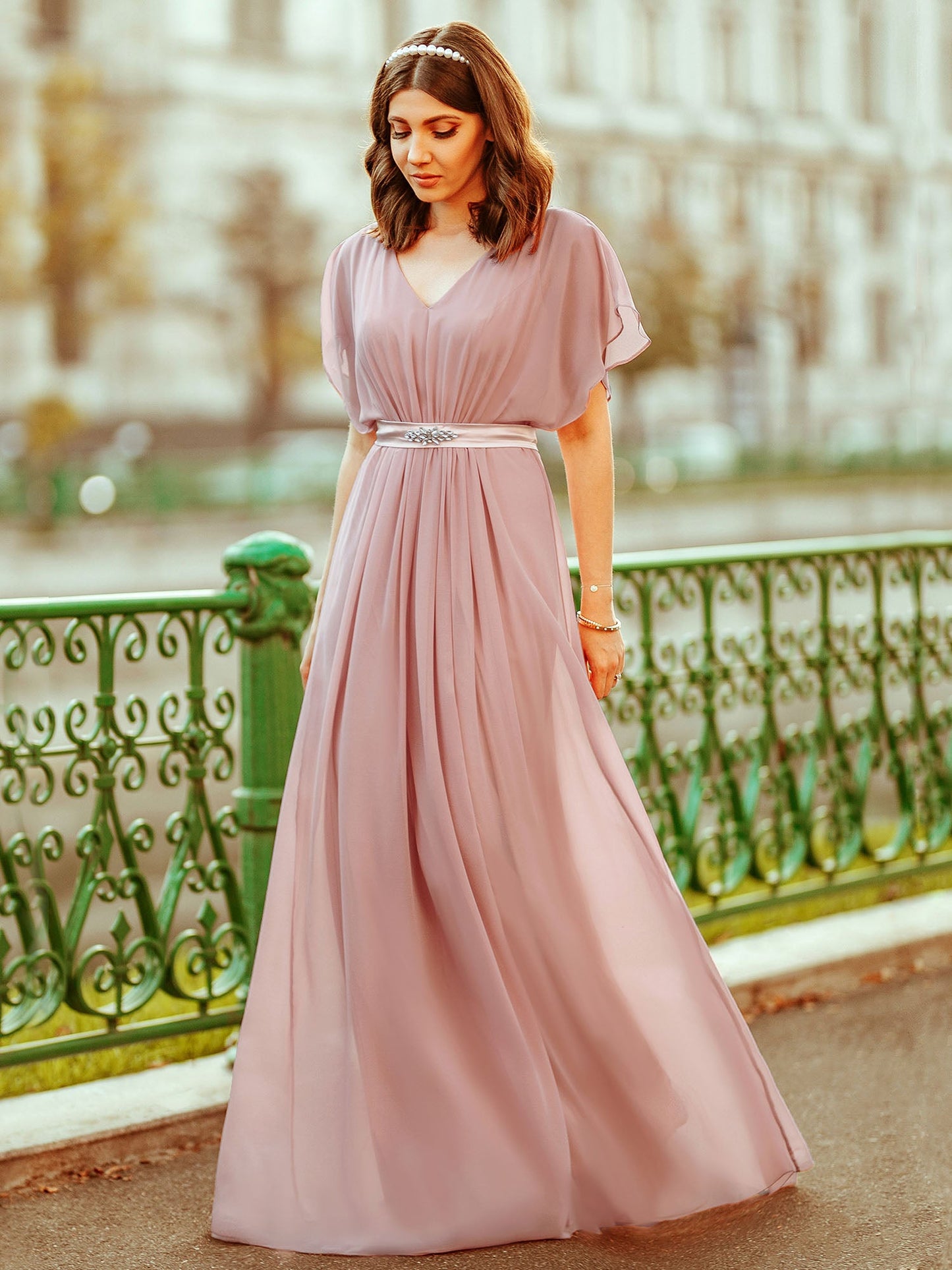 Maxi Long Flowy Chiffon Wholesale Evening Dress with Short Sleeve