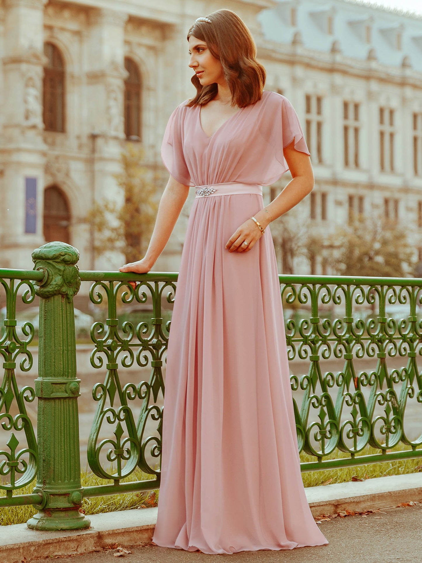 Maxi Long Flowy Chiffon Wholesale Evening Dress with Short Sleeve