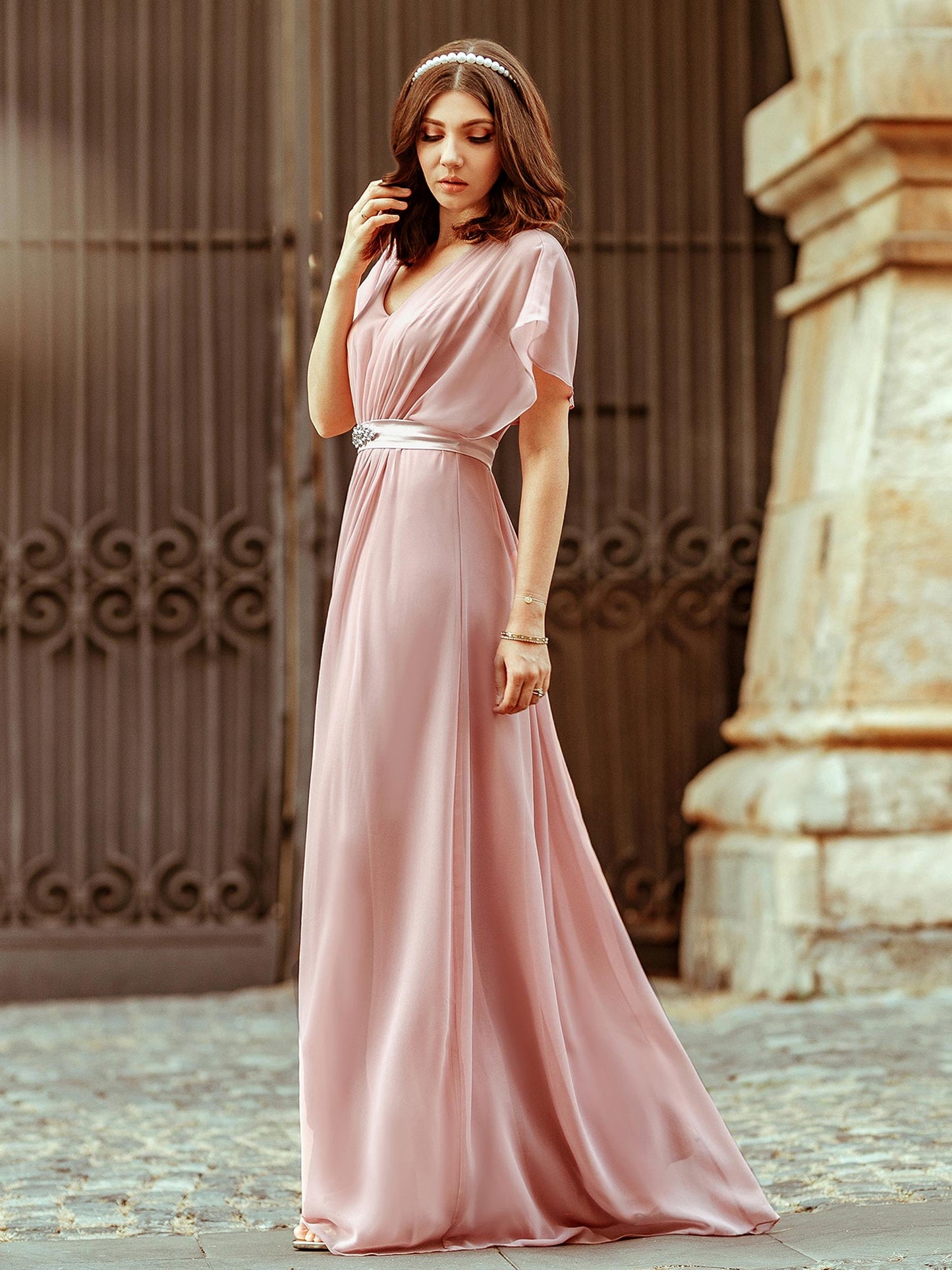 Maxi Long Flowy Chiffon Wholesale Evening Dress with Short Sleeve