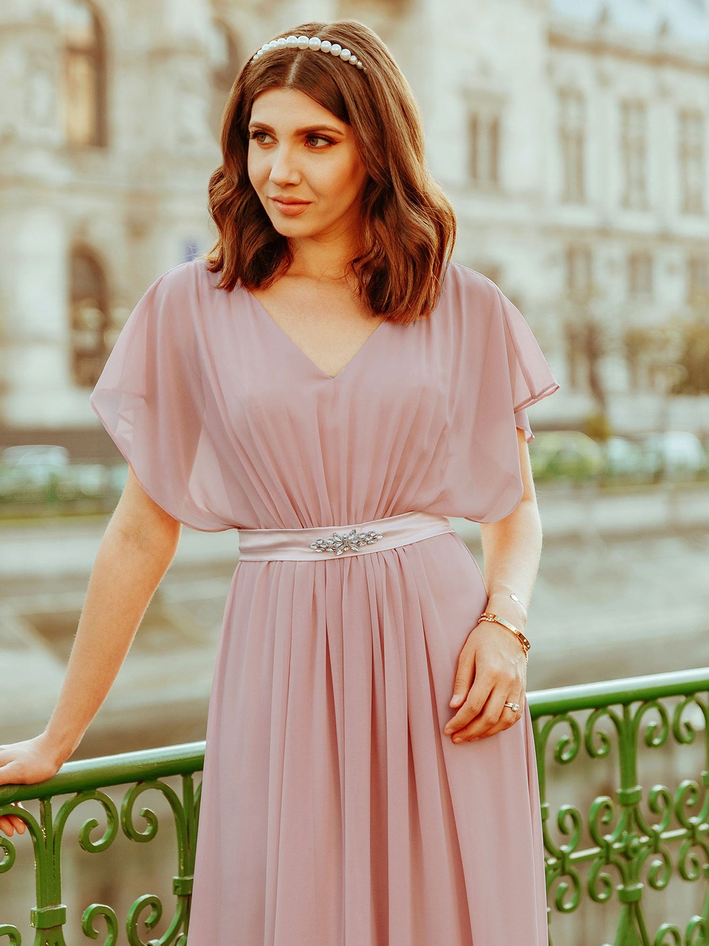 Maxi Long Flowy Chiffon Wholesale Evening Dress with Short Sleeve